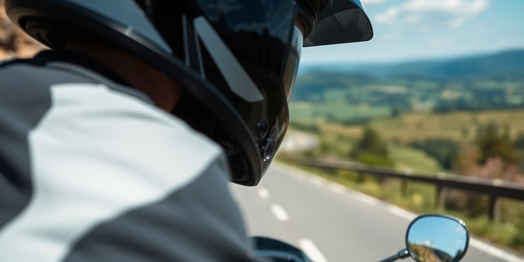 Motorcyclist in protective gear riding on a scenic road.