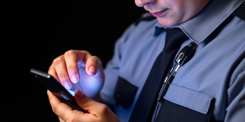 Police officer examining crypto assets on a smartphone.