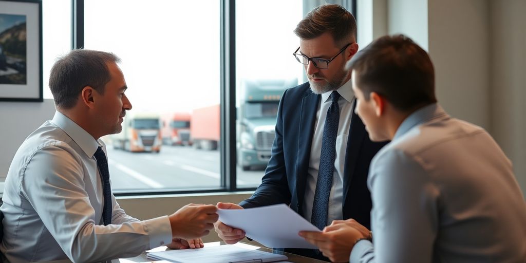 Lawyer consulting with client about trucking accident case.