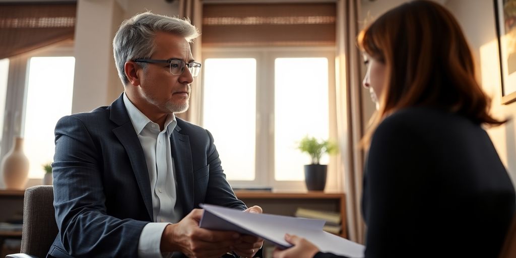 Injury lawyer consulting with a client in an office.