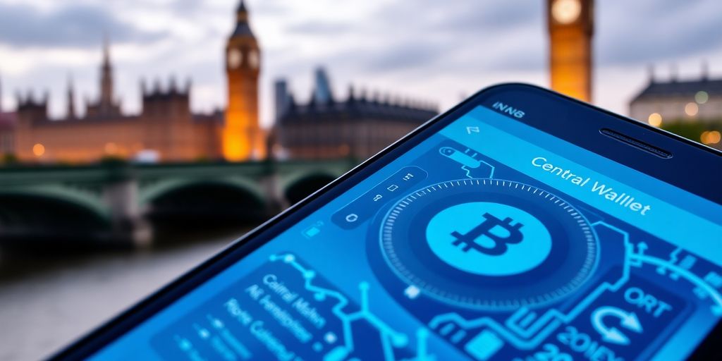 Smartphone displaying digital wallet with London skyline background.