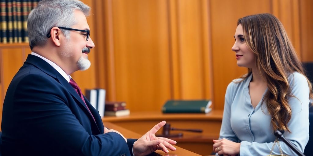Lawyer talking to a client in a courtroom setting.