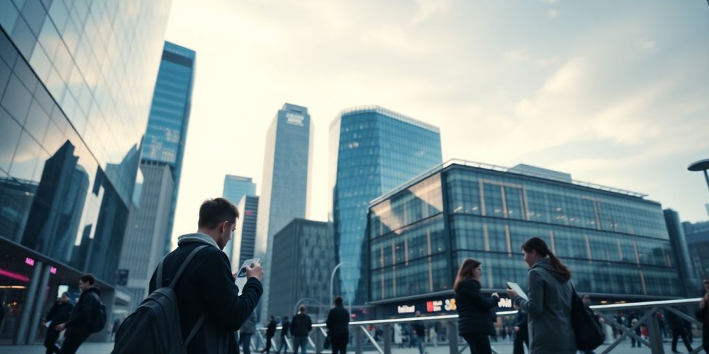 Futuristic UK financial district with people using devices.